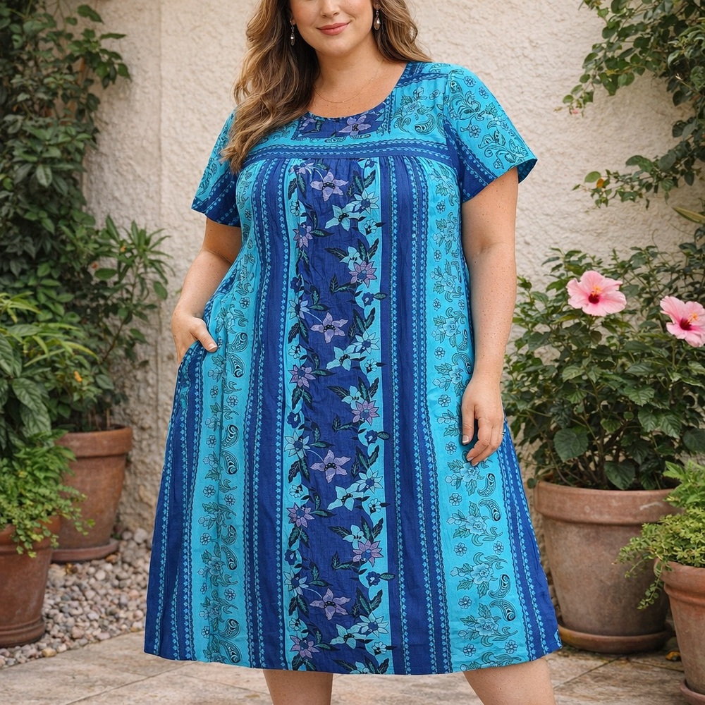 LA CERA Dress Womens Large Blue Boho Floral Print Midi Cottagecore NWT